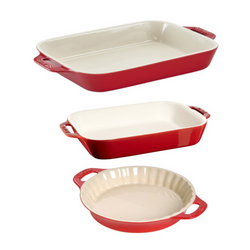 Staub 3-Piece Stoneware Baking Set I particularly like the pie pan because of the handles and because it is the right size, so many 9" recipes result in too little filling for the pan