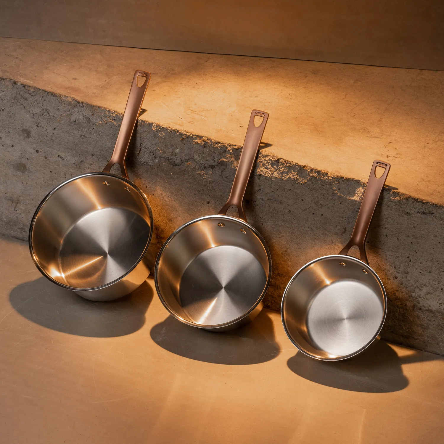 Cristel 1826 Stainless Steel Open Saucepan with Antique Brass Handle
