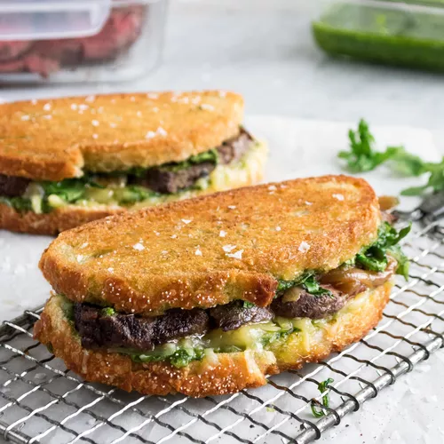 Leftover Roast Beef Paninis with Arugula Pesto