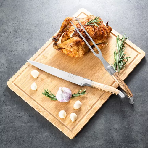 French Home Connoisseur Olive Wood Carving Set and Bamboo Cutting Board with Moat