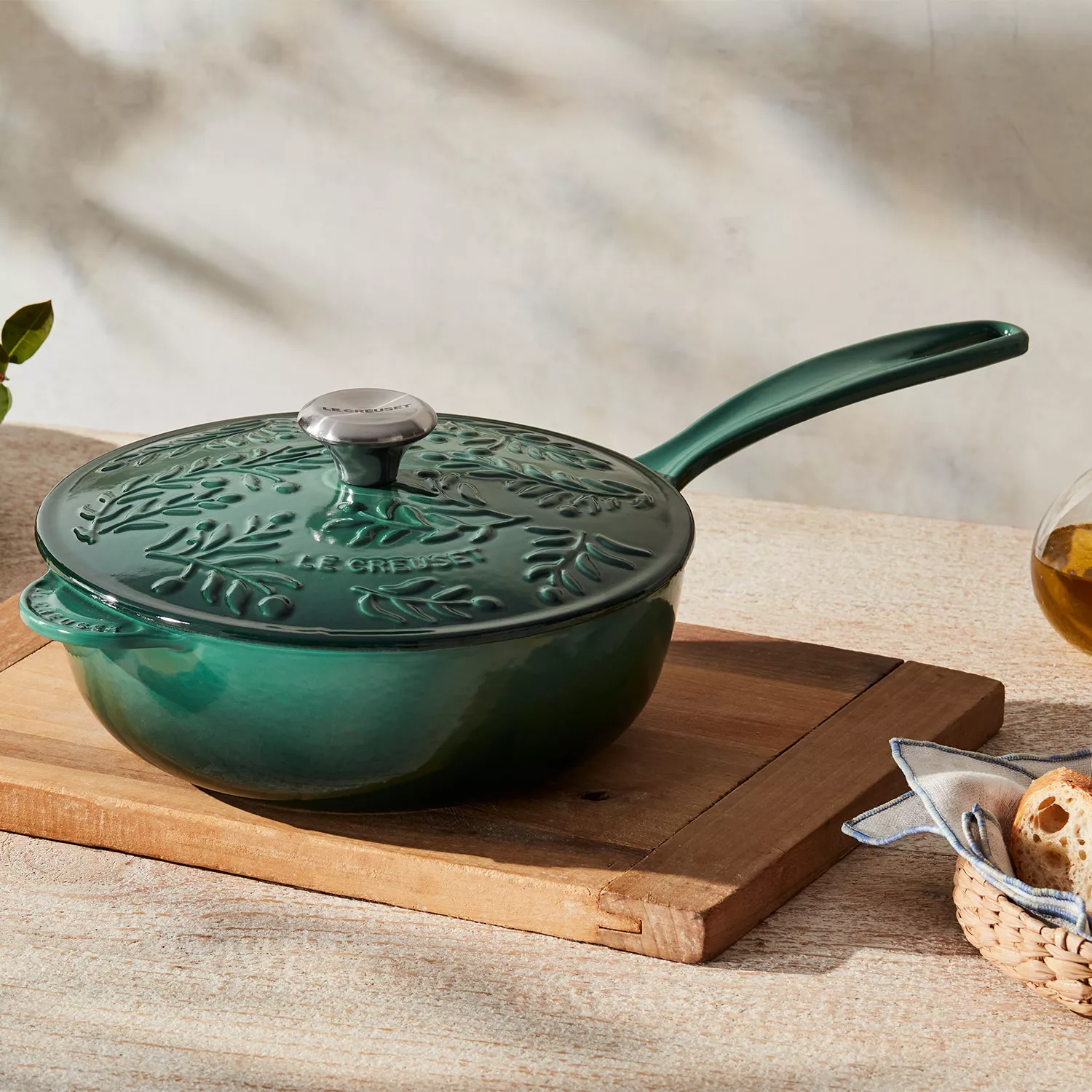 Le Creuset Enameled Cast Iron Braiser with an Olive Leaf Pattern