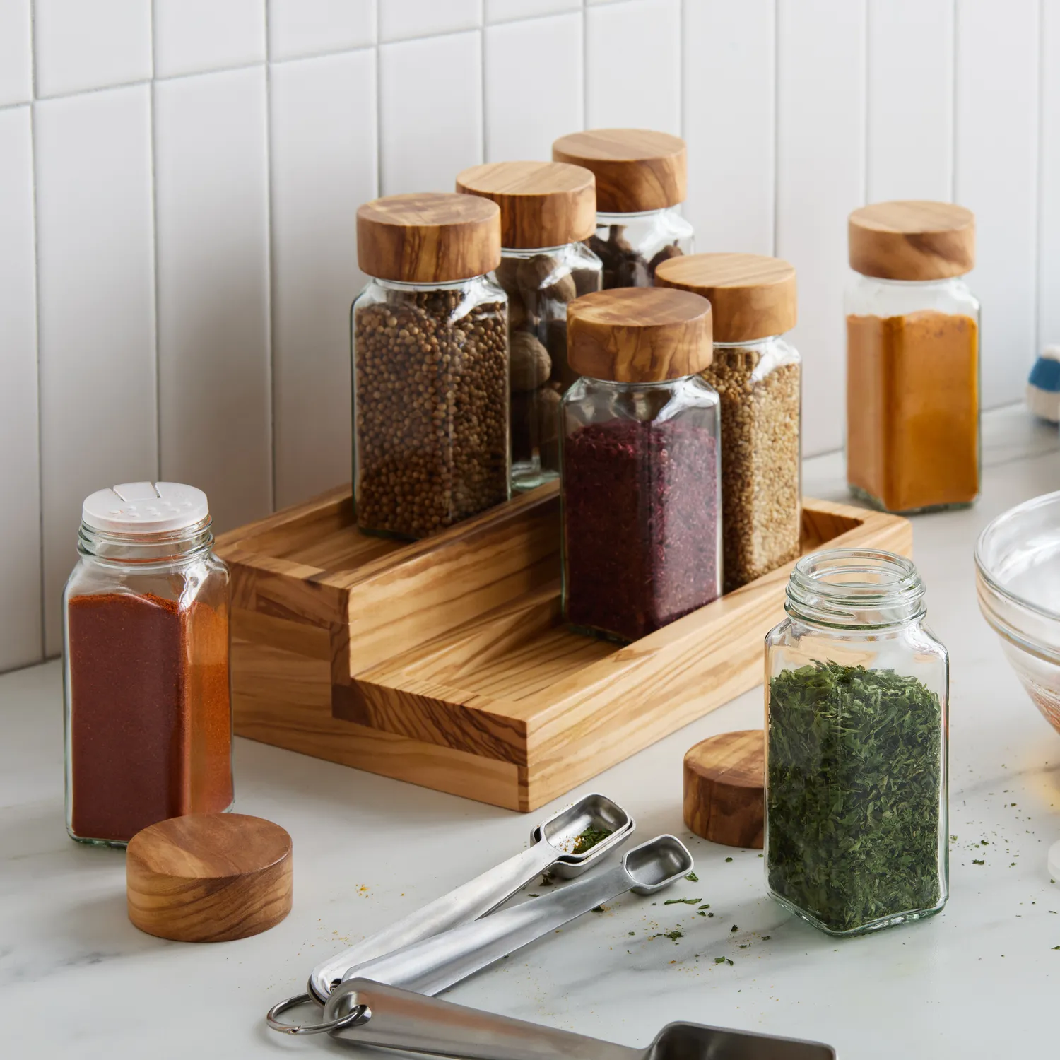 Sur La Table Olivewood Spice Rack & Jars
