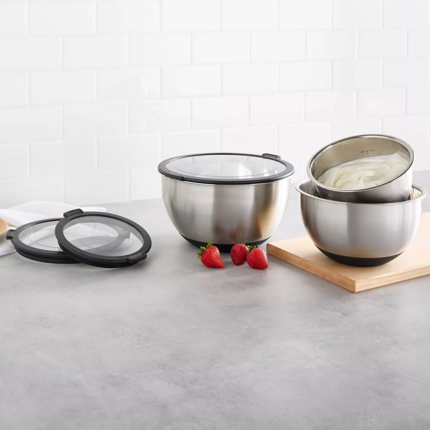 Sur La Table Stainless Steel Non-Skid Mixing Bowls with Lids, Set of 3 