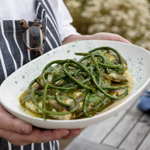 Oven-Roasted Lingcod with Garlic Scapes & Green Herb Sauce