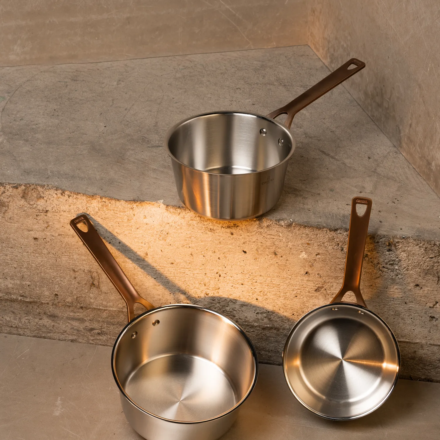 Cristel 1826 Stainless Steel Open Saucepan with Antique Brass Handle