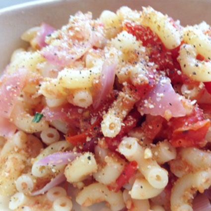 Macaroni with Cherry Tomatoes, Red Onion and Italian Bread Crumbs