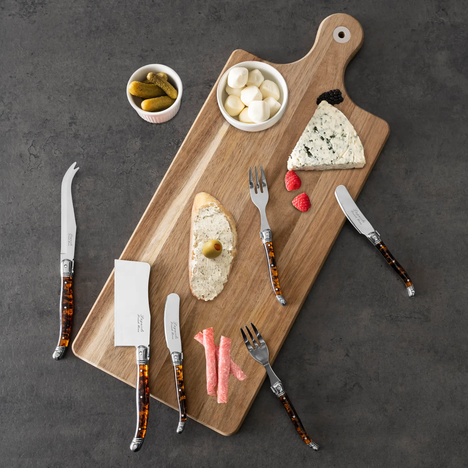 French Home 12-Piece Laguiole Tortoise Shell Charcuterie Set with Wood Board