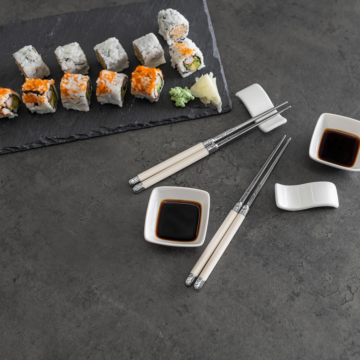 French Home Chopsticks with Faux Ivory Handles, Ceramic Rests & Sauce Bowls, Set of 2