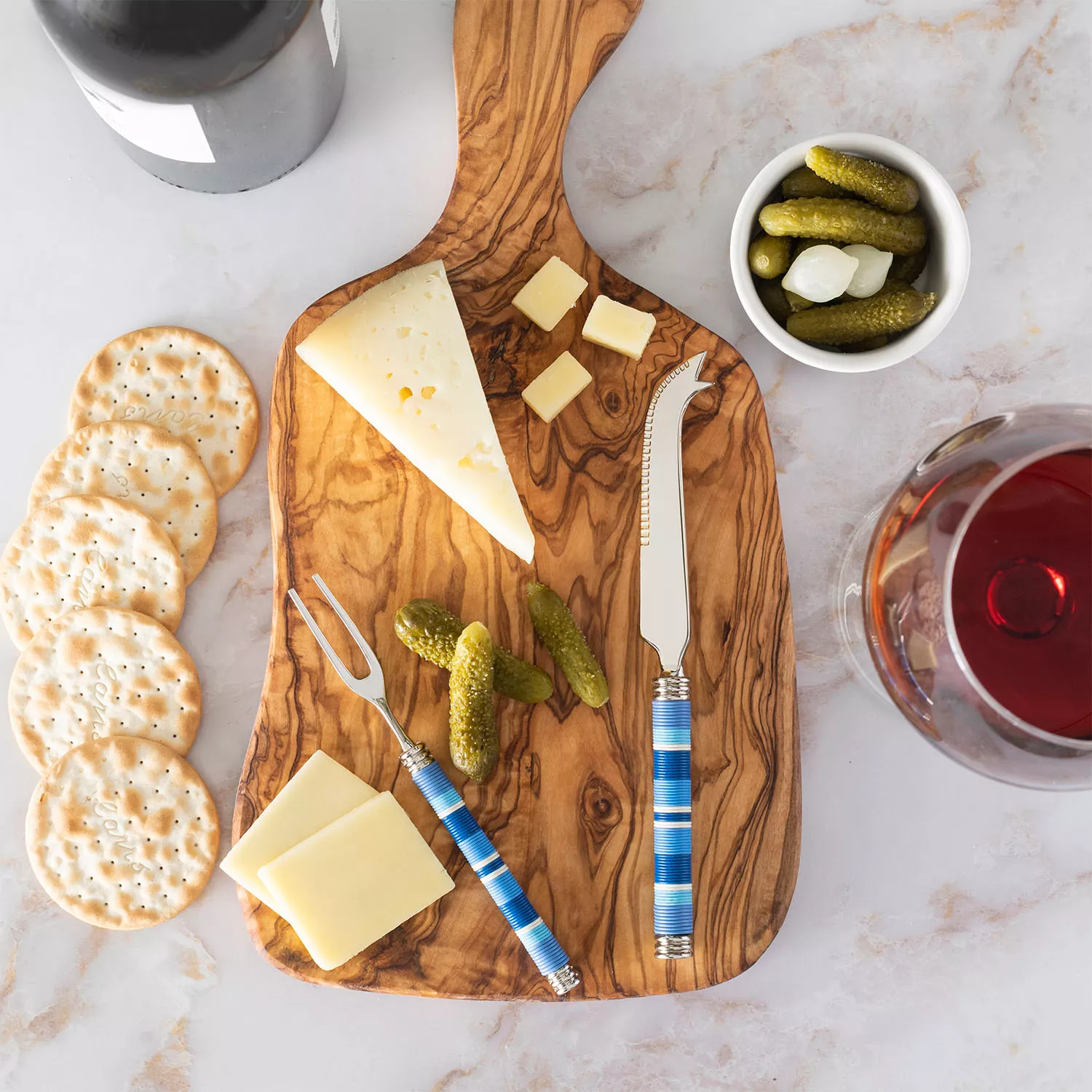 French Home Jubilee Cheese Knife, Fork & Olivewood Board Set