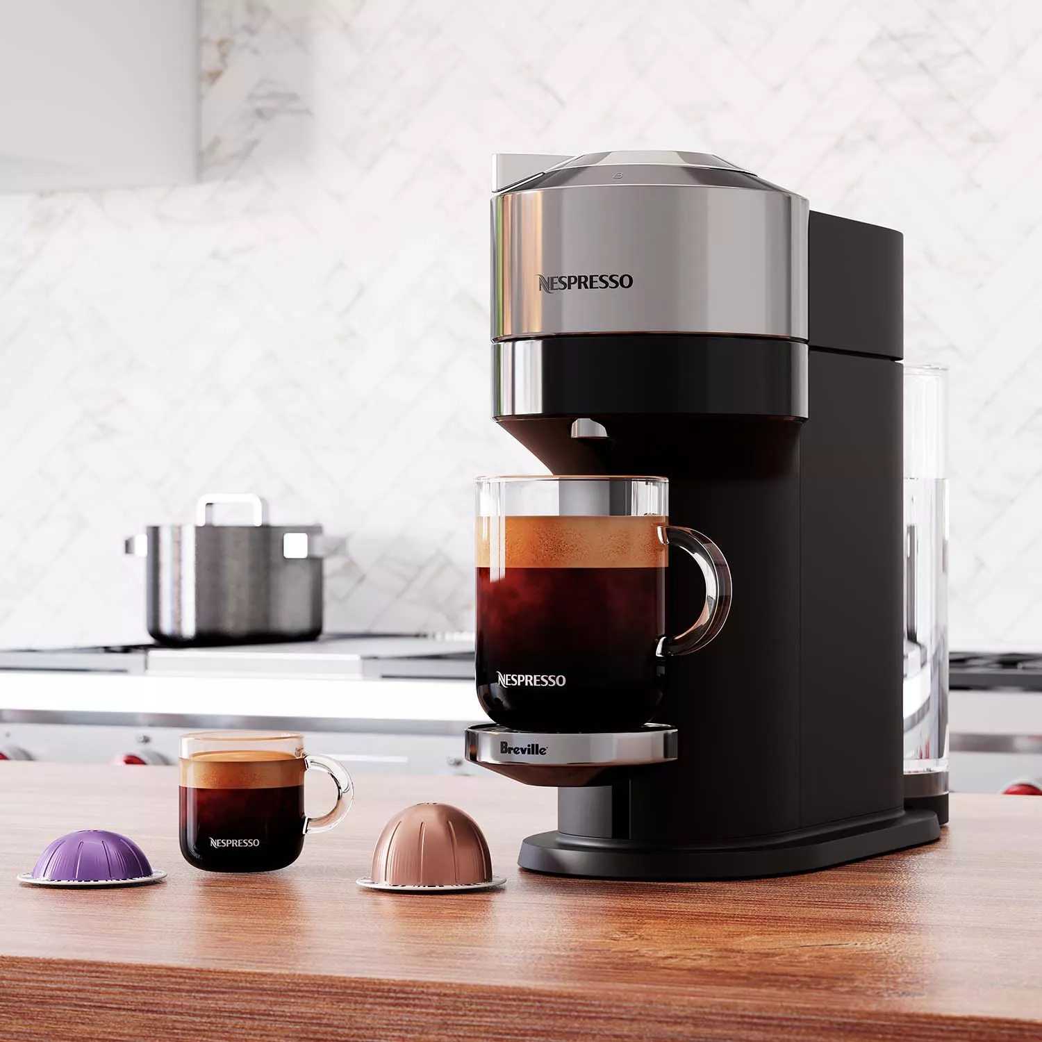 Breville Nespresso Vertuo Coffee & Espresso Single-Serve Machine in Chrome  and Aeroccino Milk Frother in Black 