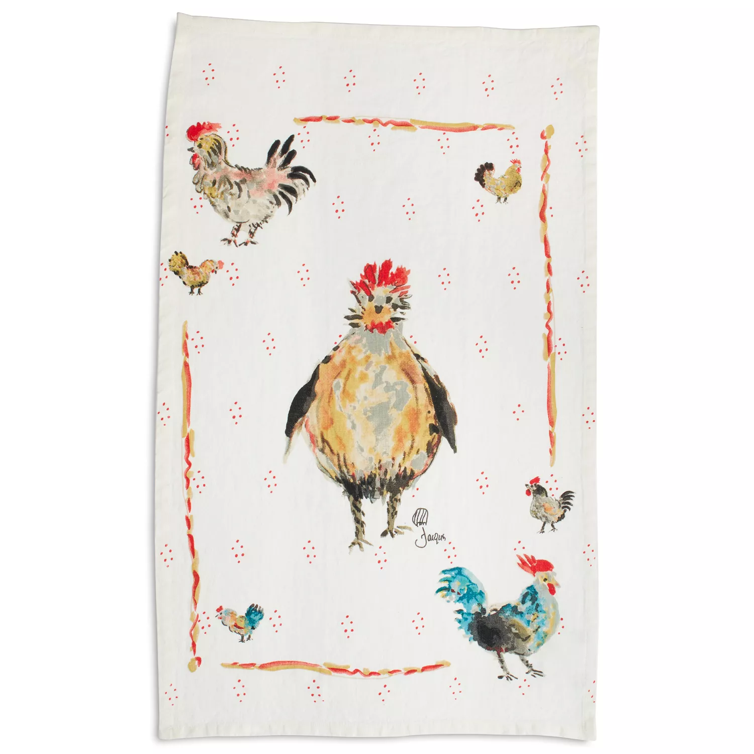 Sur La Table Jacques P&#233;pin Collection Framed Chickens Linen Kitchen Towel, 28&#34; x 18&#34;