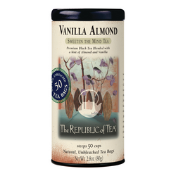 Republic of Tea Vanilla Almond Black Tea A coworker kept vanilla almond tea in the fridge I tryed it and liked it and kept stealing glasses of tea I finally asked him whare he got his tea witch gave me away he sead so you have been stealing my tea he told me and I purtched some I can