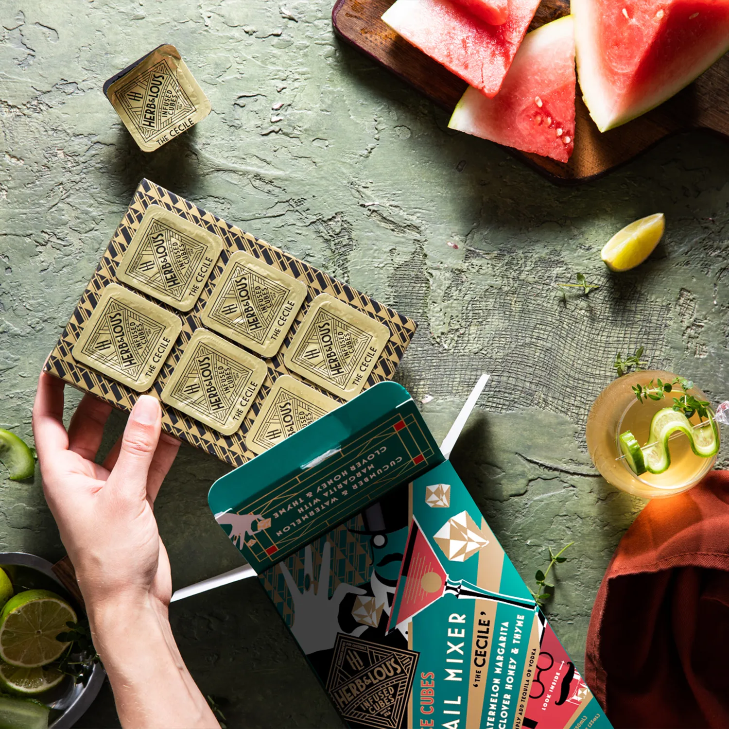 Herb & Lou's Cucumber & Watermelon Margarita Cocktail Infused Ice Cubes, Set of 12