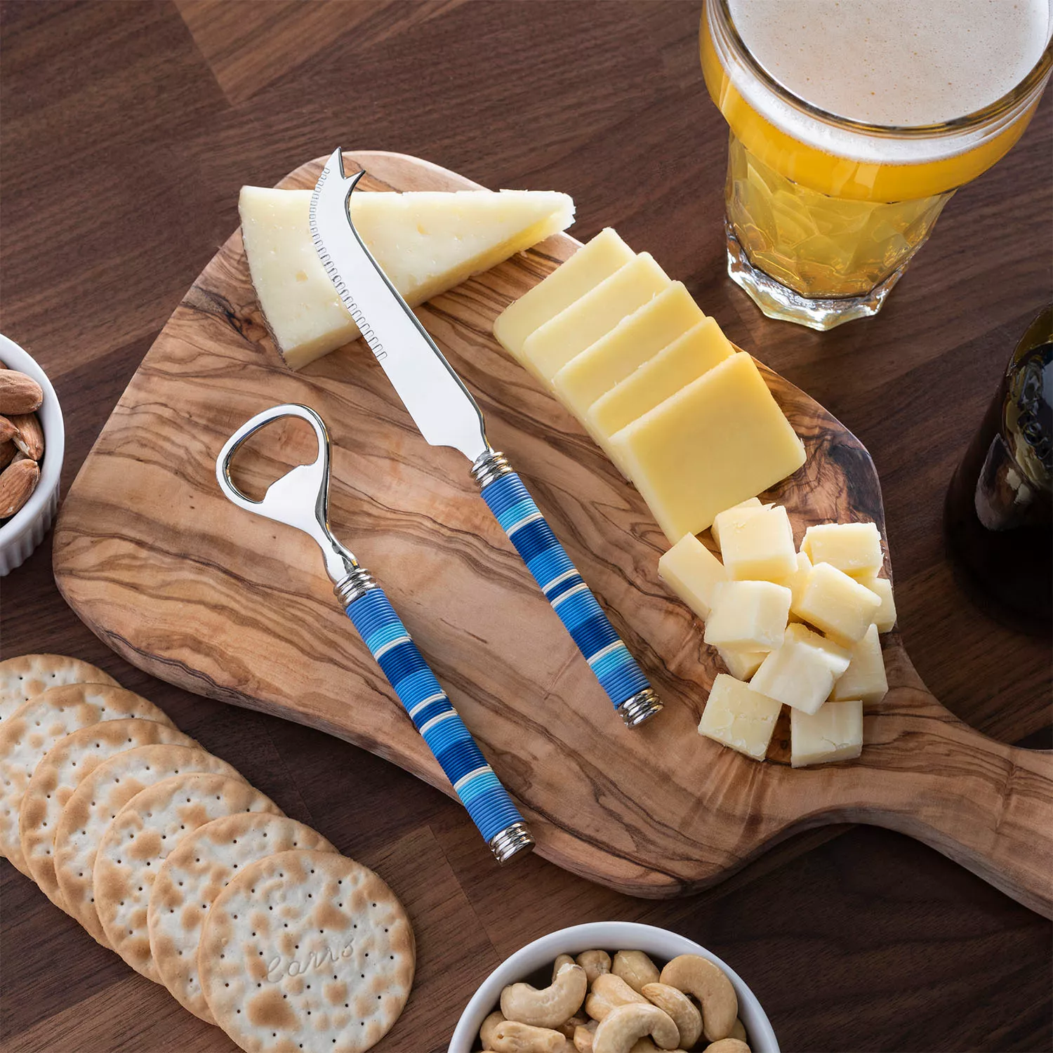 French Home Jubilee Cheese Knife, Bottle Opener & Olivewood Board Set