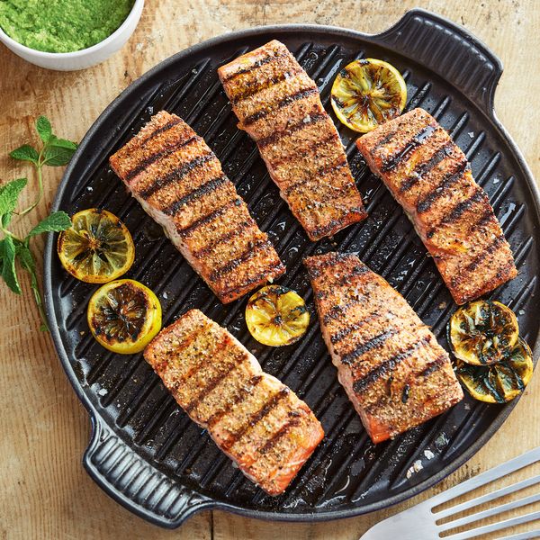 Grilled Salmon with Green Pea and Mint Pesto