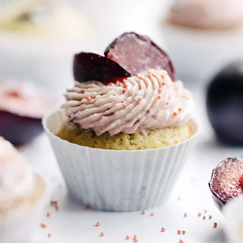 Vanilla Cardamom Cupcakes with Plum Mascarpone Buttercream