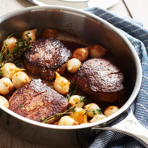 Sauteed Beef Medallions with Pearl Onion Red Wine Sauce