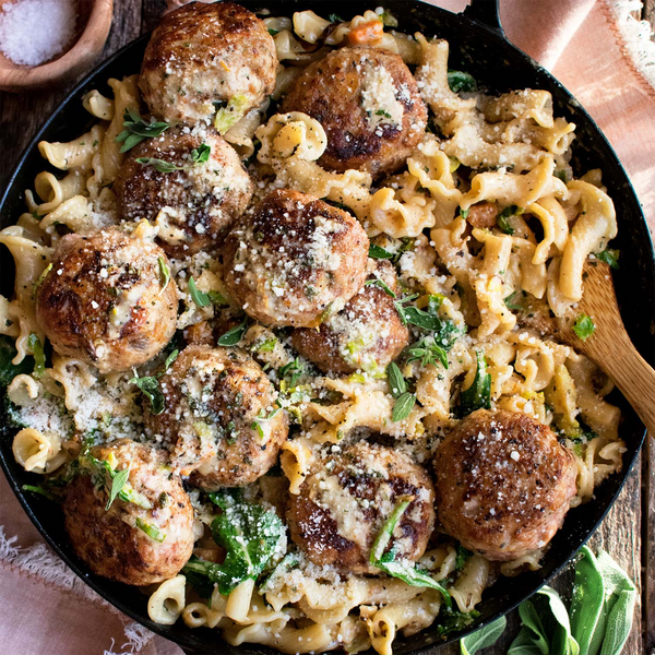 Creamy Herbed Pasta with Turkey Stuffing Meatballs