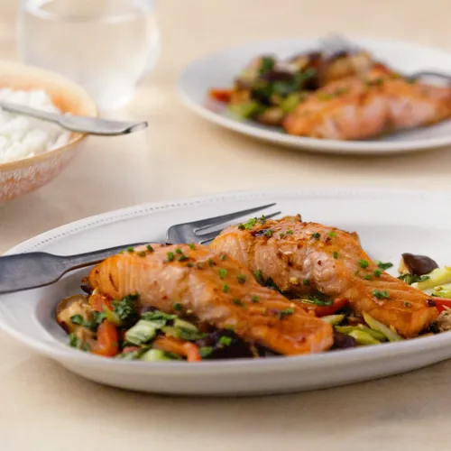 Air Fried Ginger-Soy Salmon with Bok Choy and Shiitake Mushrooms