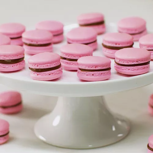 Strawberry Macarons with Dark Chocolate Ganache