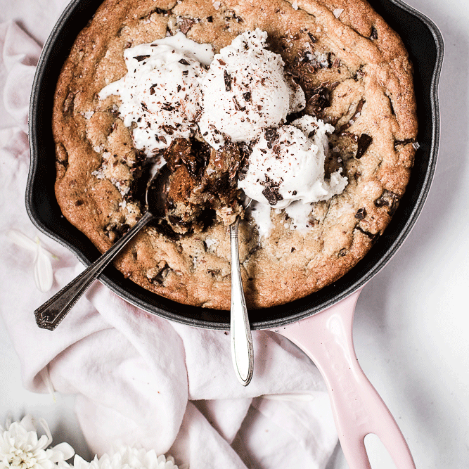 Salty Dark and Milk Chocolate Skillet Cookie