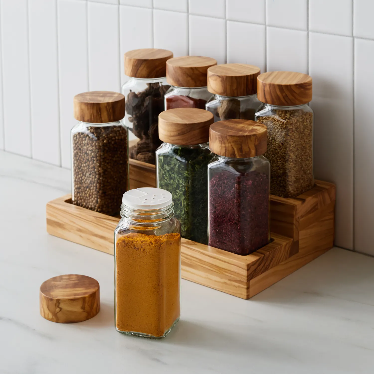 Sur La Table Olivewood Spice Rack & Jars