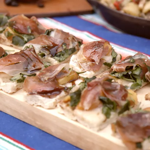 Grilled Peach and Watercress Salad with Prosciutto over Flat Bread