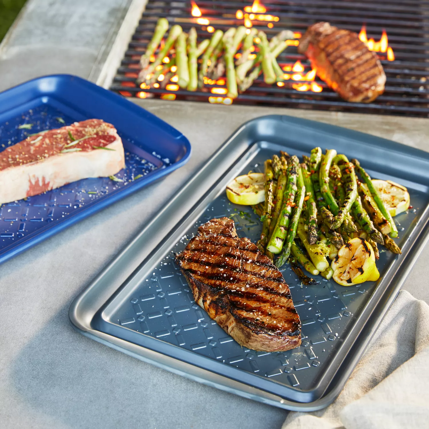 Food Prep BBQ Tray, 4-piece Grill Prep Trays Include a Silicone Marinade  Container for Marinating Meat & a Stainless Steel Serving Platter for all