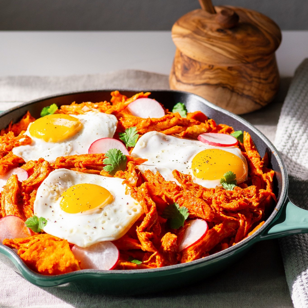 Chilaquiles Rojos with Leftover Turkey and Fried Eggs