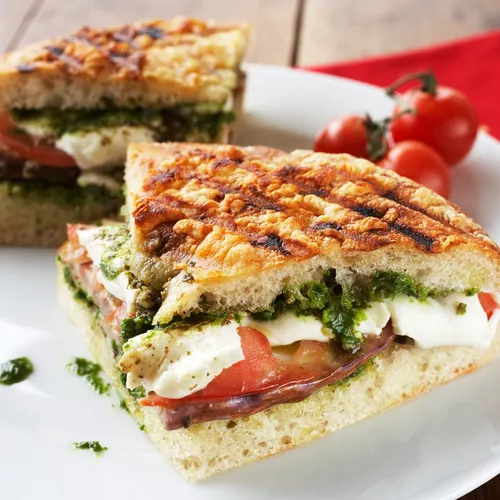 Grilled Fresh Mozzarella, Tomato &#38; Pesto Panini