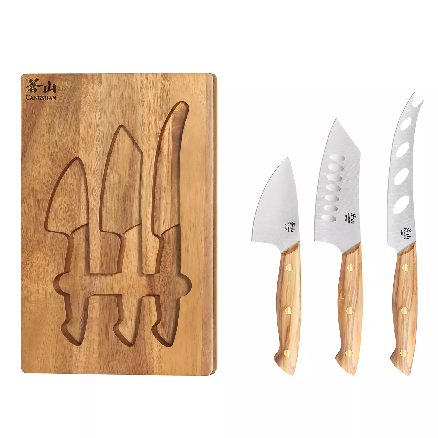 Three Olivewood-Handled Knives & Cutting Board