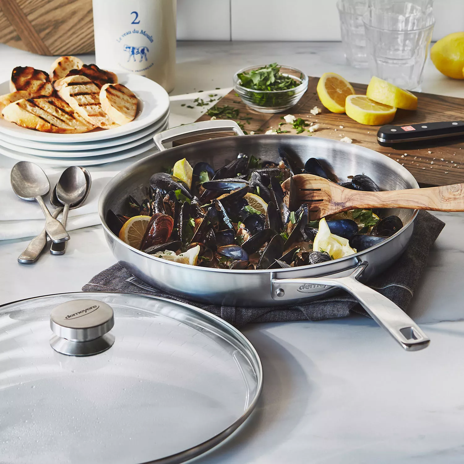 Demeyere Essential5 Stainless Steel 12.5" Frying Pan with Glass Lid