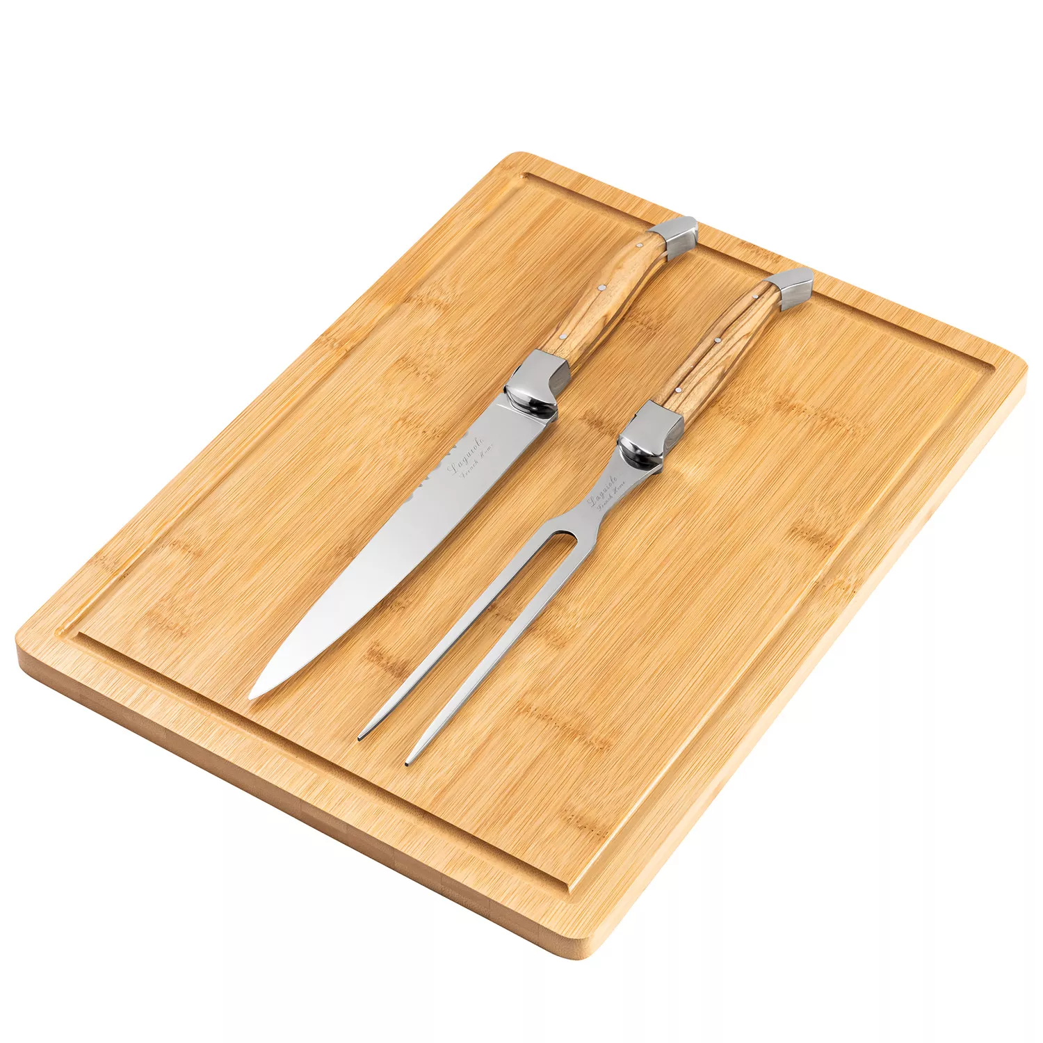 French Home Connoisseur Olive Wood Carving Set and Bamboo Cutting Board with Moat