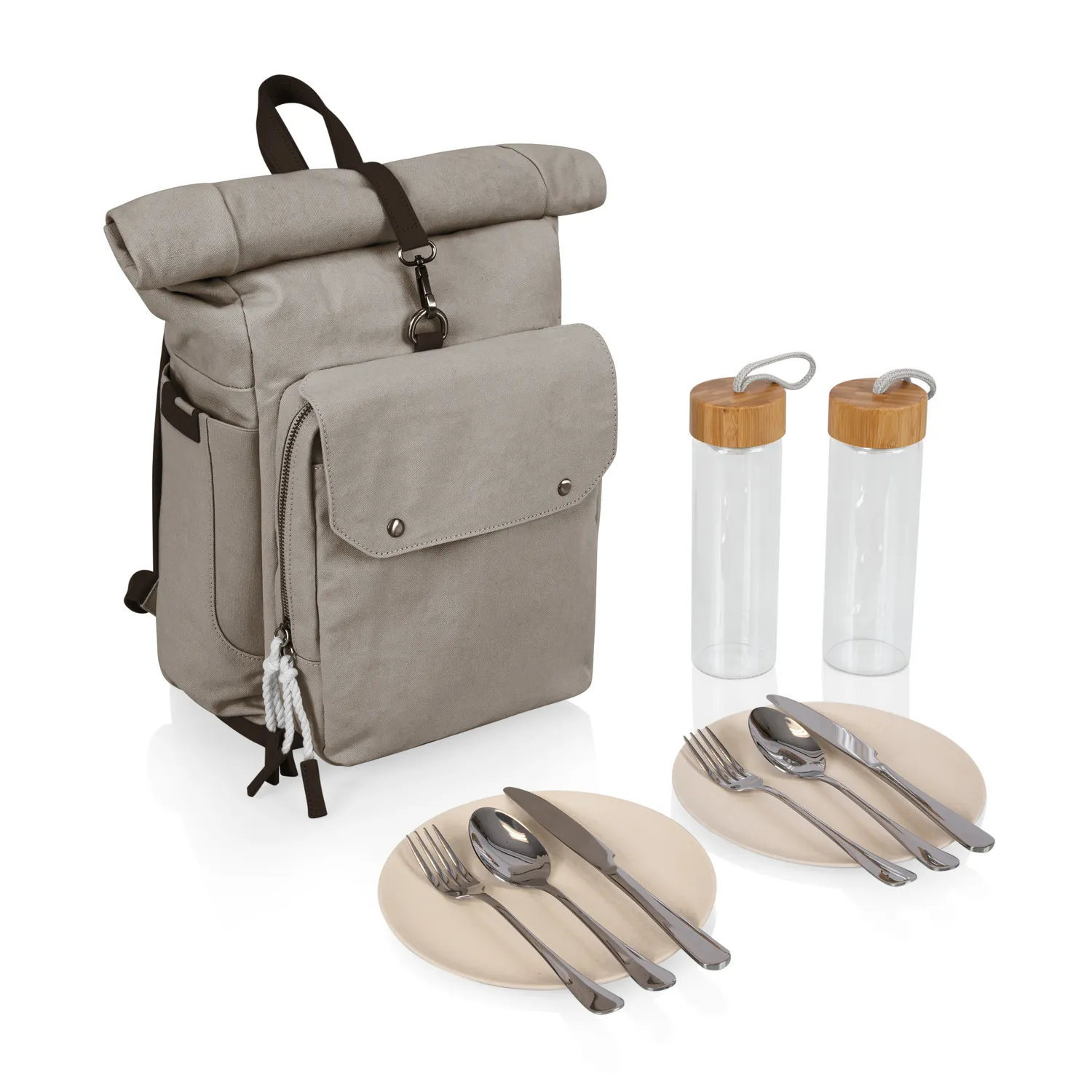 Picnic Time Roll Top Backpack Cooler w/ Utensil Set & Water Bottles
