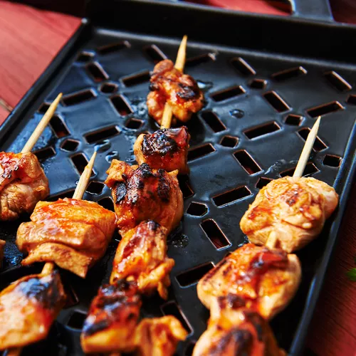 Sriracha Glazed Chicken Skewers with Tomatillo Salsa Verde