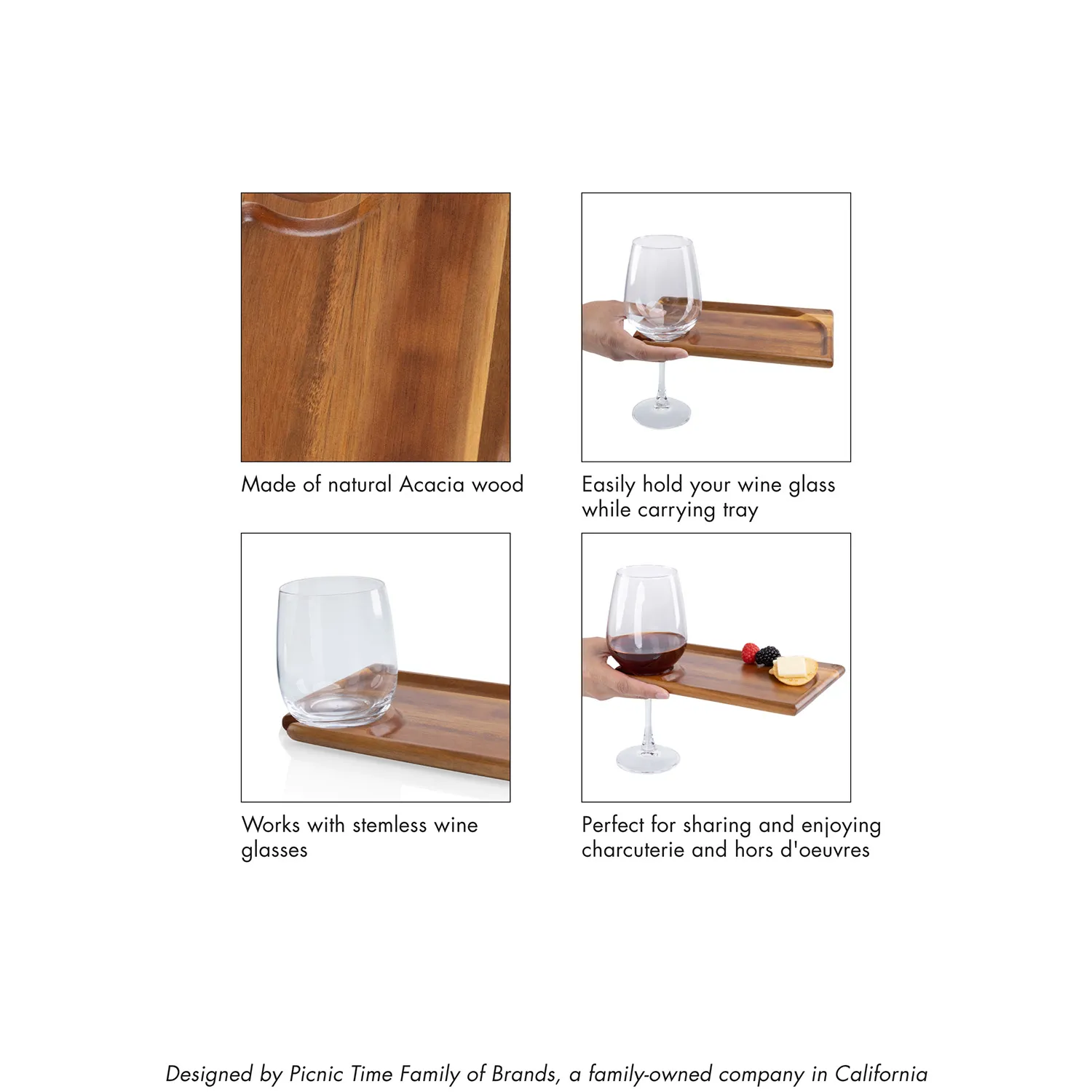 Picnic Time Acacia Wood Wine Appetizer Plates, Set of 4 