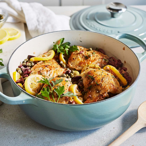 Roasted Chicken Thighs with Capers, Olives and Roasted Lemons