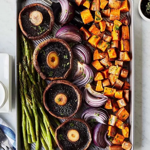 Sweet Potato, Asparagus & Portobello Sheet Pan Dinner