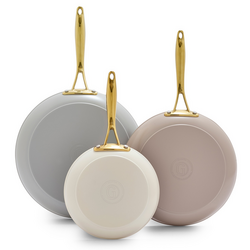 GreenPan Hamptons Skillets, Set of 3 We have always been GreenPan fans and this new set is a stunner! Love the neutral mixed pack and the ceramic coating seems to get better every year from this company