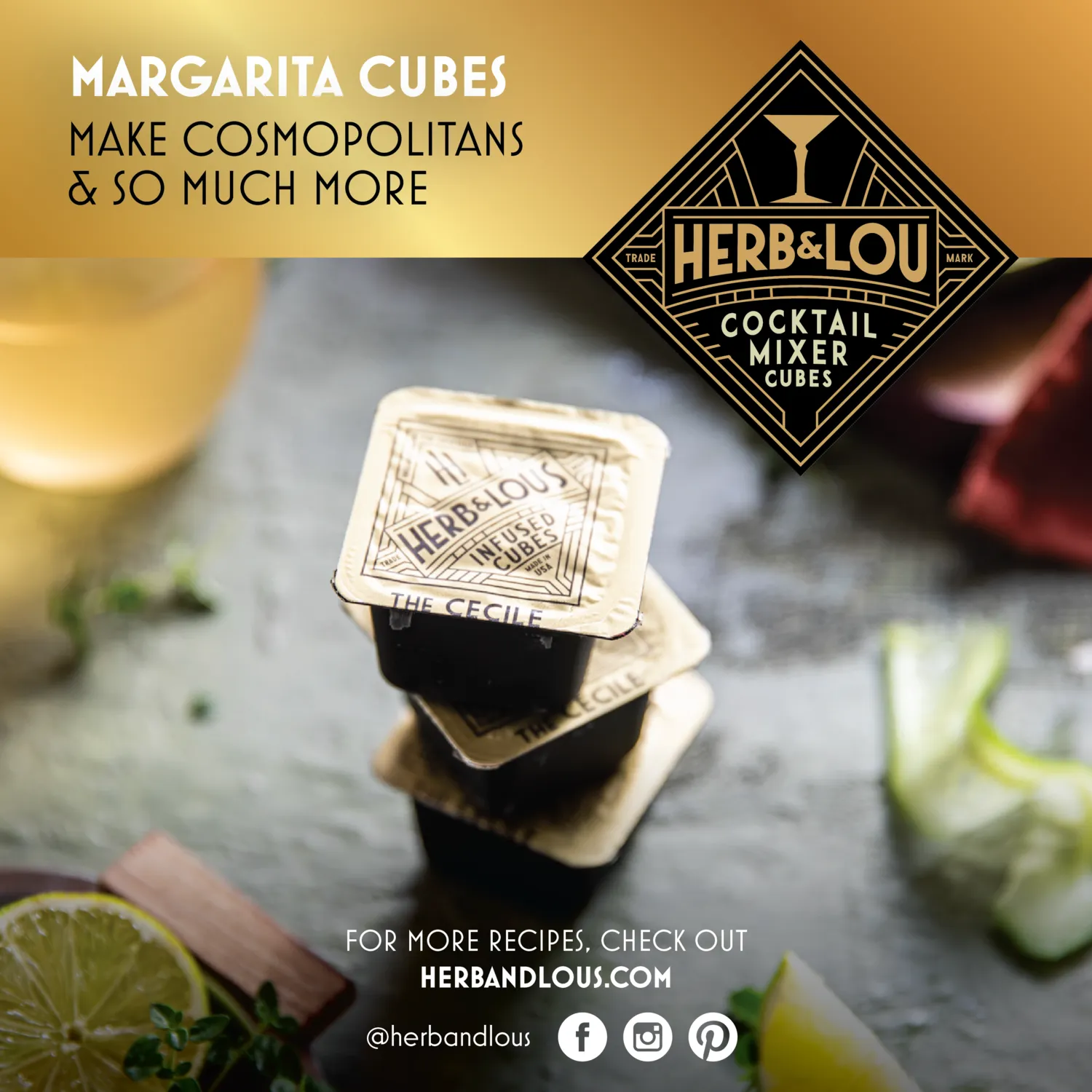 Herb & Lou's Cucumber & Watermelon Margarita Cocktail Infused Ice Cubes, Set of 12