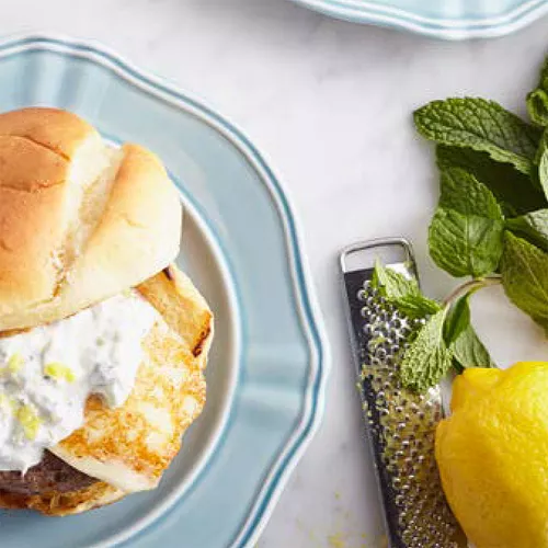 Spiced Lamb Burgers with Halloumi & Cucumber Sauce