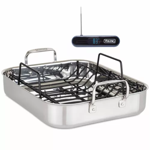 Viking 3-Ply Stainless Steel Roasting Pan with Rack & Thermometer Set