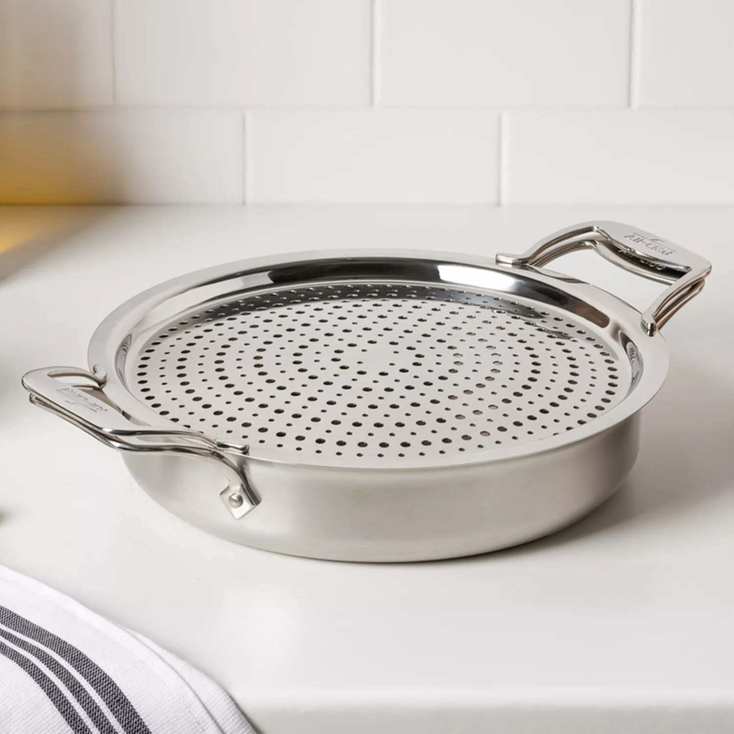 All-Clad D5 Brushed Stainless Steel Sauteuse with Lid & Splatter Guard, 4 qt.