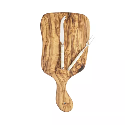 French Home Jubilee Cheese Knife, Fork & Olivewood Board Set