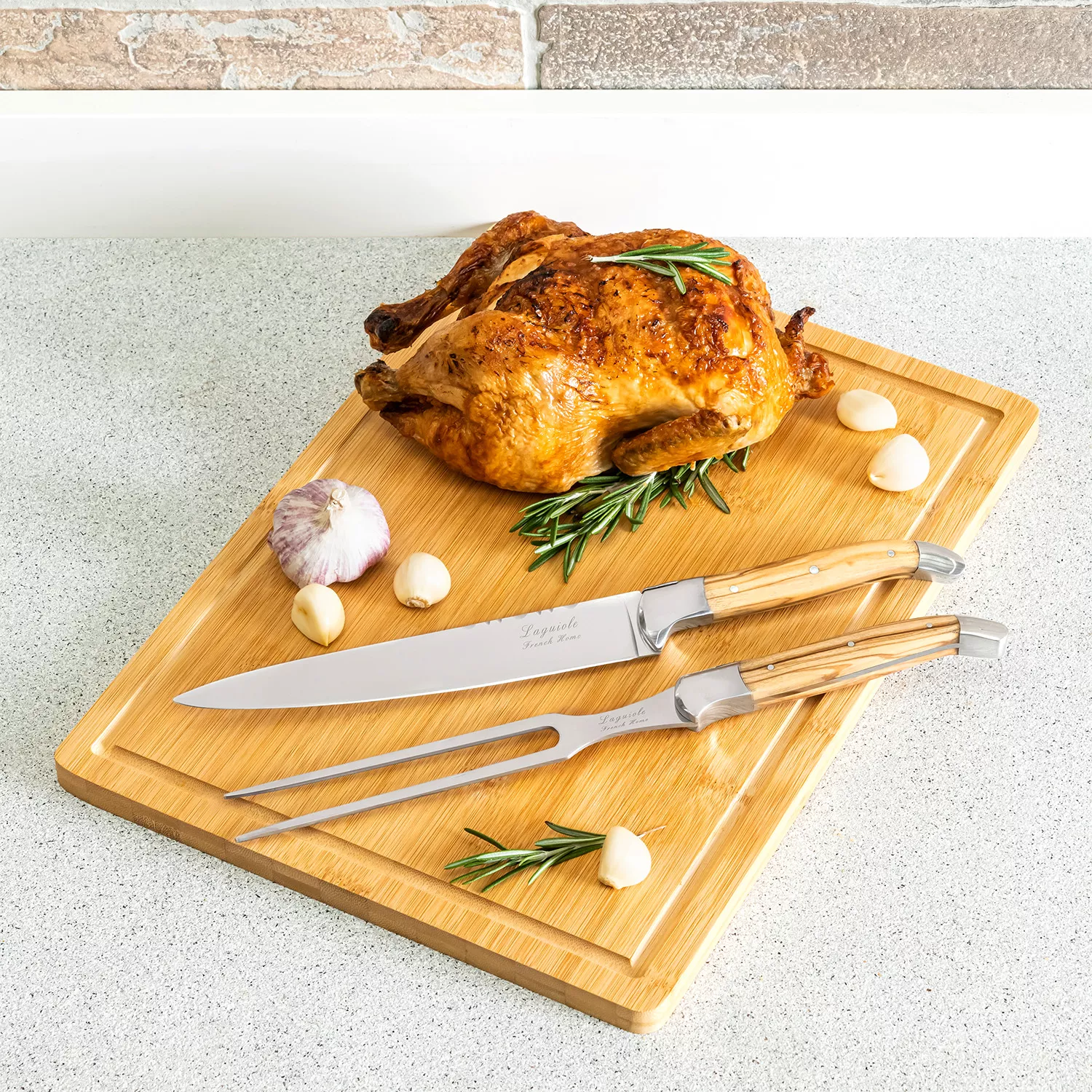 French Home Connoisseur Olive Wood Carving Set and Bamboo Cutting Board with Moat