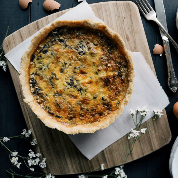 Sky High Mushroom-Pancetta  Quiche with Caramelized Shallots and Sage