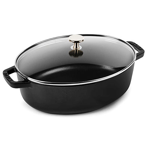 Staub Shallow Oval Cast Iron Cocotte with Glass Lid, 4.25 qt.
