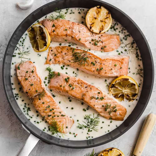 Pan Seared Salmon with Lemon Herb Parmesan Sauce