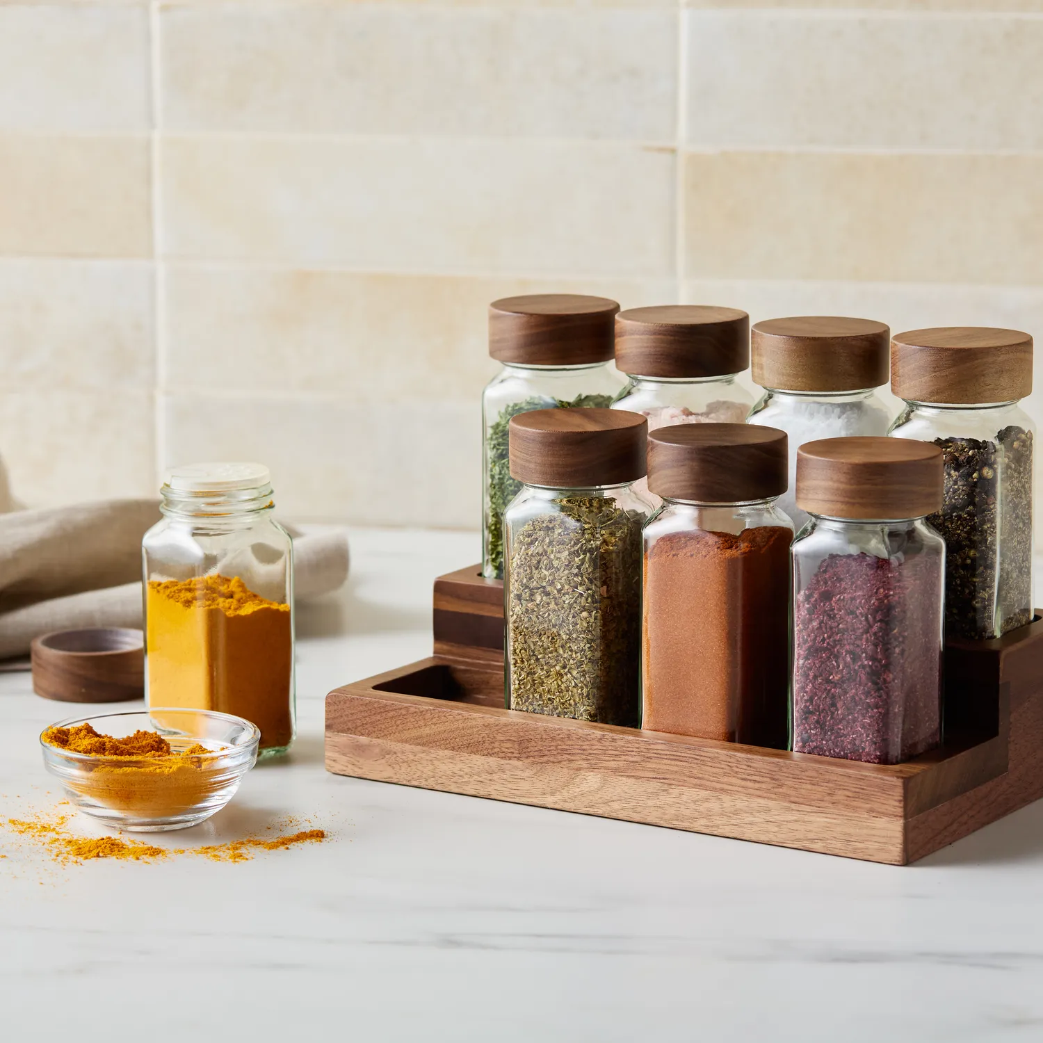 Sur La Table Black Walnut Spice Rack & Jars