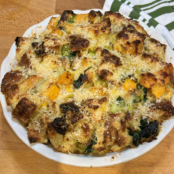 WINTER SQUASH BREAD PUDDING WITH SPINACH AND GRUYERE